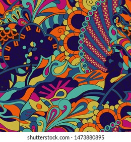 Tracery seamless pattern. Mehndi design. Ethnic colorful doodle texture. Curved doodling background. Vector