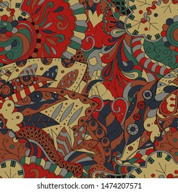 Tracery seamless pattern. Mehndi design. Ethnic colorful doodle texture. Curved doodling background. Vector