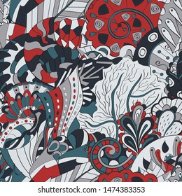 Tracery seamless pattern. Mehndi design. Ethnic colorful doodle texture. Curved doodling background. Vector