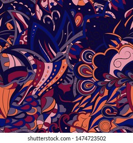 Tracery seamless pattern. Mehndi design. Ethnic colorful doodle texture. Curved doodling background. Vector