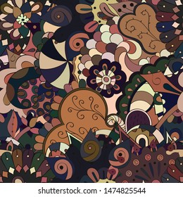 Tracery seamless pattern. Mehndi design. Ethnic colorful doodle texture. Curved doodling background. Vector