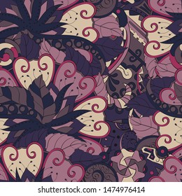 Tracery seamless pattern. Mehndi design. Ethnic colorful doodle texture. Curved doodling background. Vector