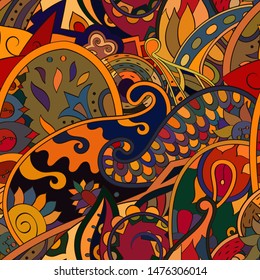 Tracery seamless pattern. Mehndi design. Ethnic colorful doodle texture. Curved doodling background. Vector