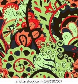 Tracery seamless pattern. Mehndi design. Ethnic colorful doodle texture. Curved doodling background. Vector