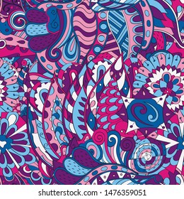 Tracery seamless pattern. Mehndi design. Ethnic colorful doodle texture. Curved doodling background. Vector