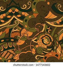 Tracery seamless pattern. Mehndi design. Ethnic colorful doodle texture. Curved doodling background. Vector