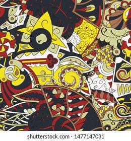 Tracery seamless pattern. Mehndi design. Ethnic colorful doodle texture. Curved doodling background. Vector