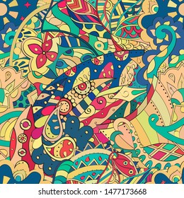 Tracery seamless pattern. Mehndi design. Ethnic colorful doodle texture. Curved doodling background. Vector