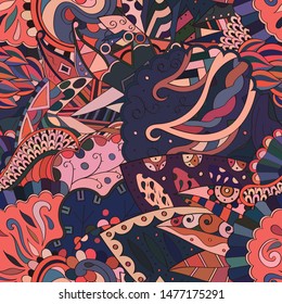 Tracery seamless pattern. Mehndi design. Ethnic colorful doodle texture. Curved doodling background. Vector
