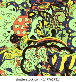 Tracery seamless pattern. Mehndi design. Ethnic colorful doodle texture. Curved doodling background. Vector