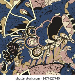 Tracery seamless pattern. Mehndi design. Ethnic colorful doodle texture. Curved doodling background. Vector