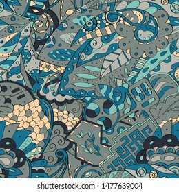 Tracery seamless pattern. Mehndi design. Ethnic colorful doodle texture. Curved doodling background. Vector