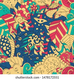 Tracery seamless pattern. Mehndi design. Ethnic colorful doodle texture. Curved doodling background. Vector