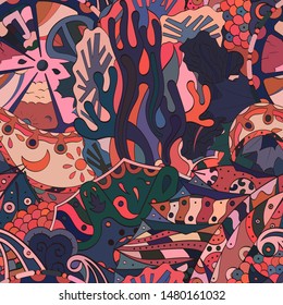 Tracery seamless pattern. Mehndi design. Ethnic colorful doodle texture. Curved doodling background. Vector
