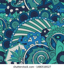 Tracery seamless pattern. Mehndi design. Ethnic colorful doodle texture. Curved doodling background. Vector