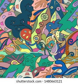 Tracery seamless pattern. Mehndi design. Ethnic colorful doodle texture. Curved doodling background. Vector