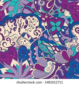 Tracery seamless pattern. Mehndi design. Ethnic colorful doodle texture. Curved doodling background. Vector