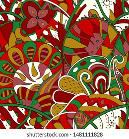 Tracery seamless pattern. Mehndi design. Ethnic colorful doodle texture. Curved doodling background. Vector