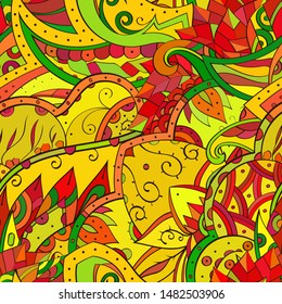 Tracery seamless pattern. Mehndi design. Ethnic colorful doodle texture. Curved doodling background. Vector