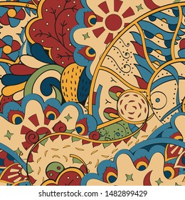 Tracery seamless pattern. Mehndi design. Ethnic colorful doodle texture. Curved doodling background. Vector