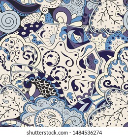 Tracery seamless pattern. Mehndi design. Ethnic colorful doodle texture. Curved doodling background. Vector