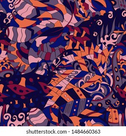 Tracery seamless pattern. Mehndi design. Ethnic colorful doodle texture. Curved doodling background. Vector