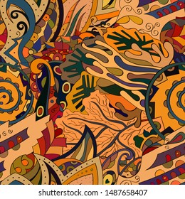 Tracery seamless pattern. Mehndi design. Ethnic colorful doodle texture. Curved doodling background. Vector