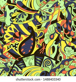 Tracery seamless pattern. Mehndi design. Ethnic colorful doodle texture. Curved doodling background. Vector