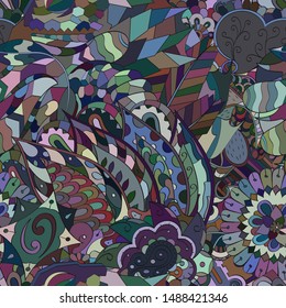 Tracery seamless pattern. Mehndi design. Ethnic colorful doodle texture. Curved doodling background. Vector