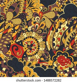Tracery seamless pattern. Mehndi design. Ethnic colorful doodle texture. Curved doodling background. Vector