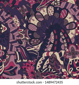 Tracery seamless pattern. Mehndi design. Ethnic colorful doodle texture. Curved doodling background. Vector