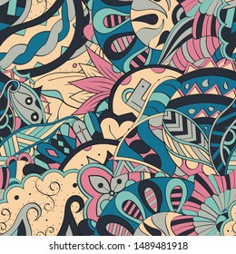 Tracery seamless pattern. Mehndi design. Ethnic colorful doodle texture. Curved doodling background. Vector