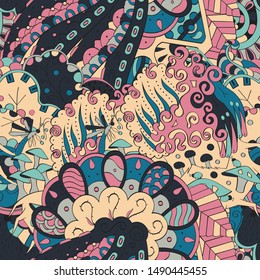 Tracery seamless pattern. Mehndi design. Ethnic colorful doodle texture. Curved doodling background. Vector
