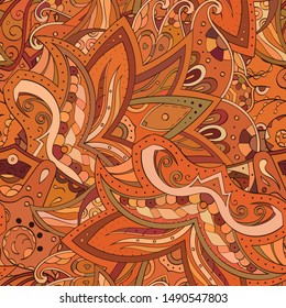 Tracery seamless pattern. Mehndi design. Ethnic colorful doodle texture. Curved doodling background. Vector