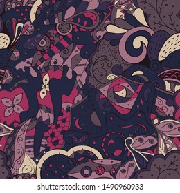 Tracery seamless pattern. Mehndi design. Ethnic colorful doodle texture. Curved doodling background. Vector