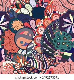 Tracery seamless pattern. Mehndi design. Ethnic colorful doodle texture. Curved doodling background. Vector