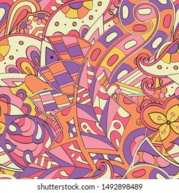 Tracery seamless pattern. Mehndi design. Ethnic colorful doodle texture. Curved doodling background. Vector