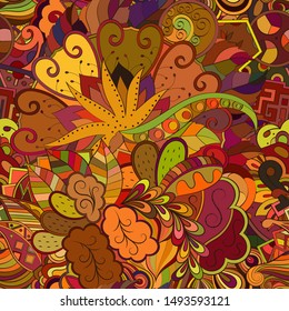 Tracery seamless pattern. Mehndi design. Ethnic colorful doodle texture. Curved doodling background. Vector