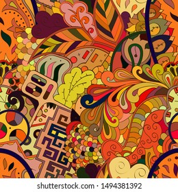 Tracery seamless pattern. Mehndi design. Ethnic colorful doodle texture. Curved doodling background. Vector