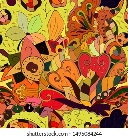 Tracery seamless pattern. Mehndi design. Ethnic colorful doodle texture. Curved doodling background. Vector