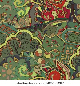 Tracery seamless pattern. Mehndi design. Ethnic colorful doodle texture. Curved doodling background. Vector