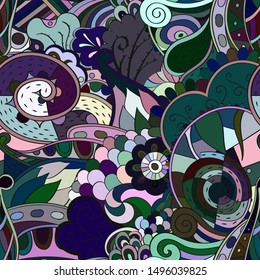 Tracery seamless pattern. Mehndi design. Ethnic colorful doodle texture. Curved doodling background. Vector