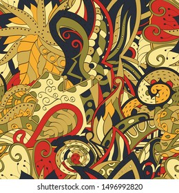 Tracery seamless pattern. Mehndi design. Ethnic colorful doodle texture. Curved doodling background. Vector