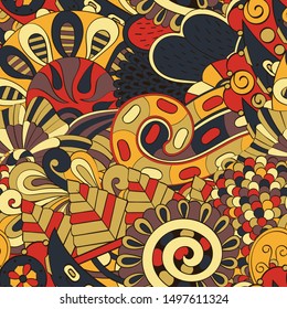 Tracery seamless pattern. Mehndi design. Ethnic colorful doodle texture. Curved doodling background. Vector
