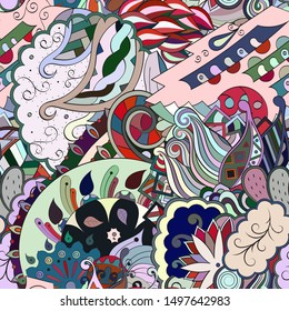 Tracery seamless pattern. Mehndi design. Ethnic colorful doodle texture. Curved doodling background. Vector