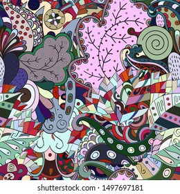 Tracery seamless pattern. Mehndi design. Ethnic colorful doodle texture. Curved doodling background. Vector