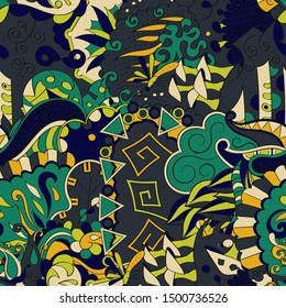 Tracery seamless pattern. Mehndi design. Ethnic colorful doodle texture. Curved doodling background. Vector