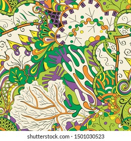 Tracery seamless pattern. Mehndi design. Ethnic colorful doodle texture. Curved doodling background. Vector