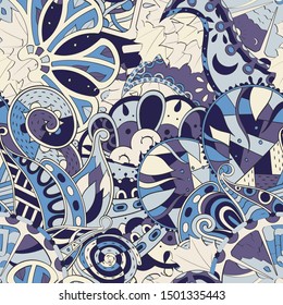 Tracery seamless pattern. Mehndi design. Ethnic colorful doodle texture. Curved doodling background. Vector