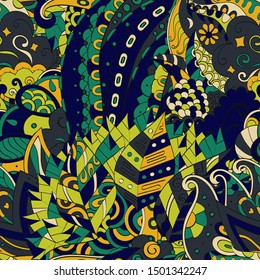 Tracery seamless pattern. Mehndi design. Ethnic colorful doodle texture. Curved doodling background. Vector